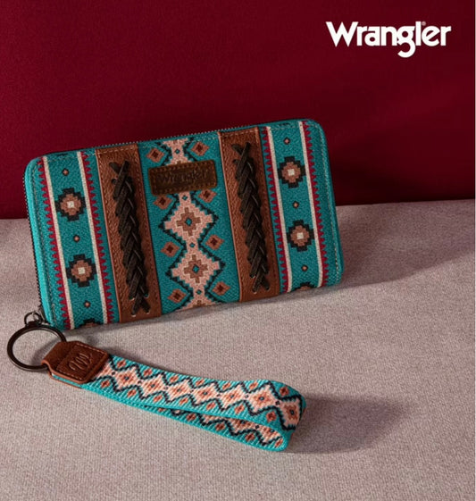 Wrangler Wristlet Southwestern Aztec print fabric Turquoise