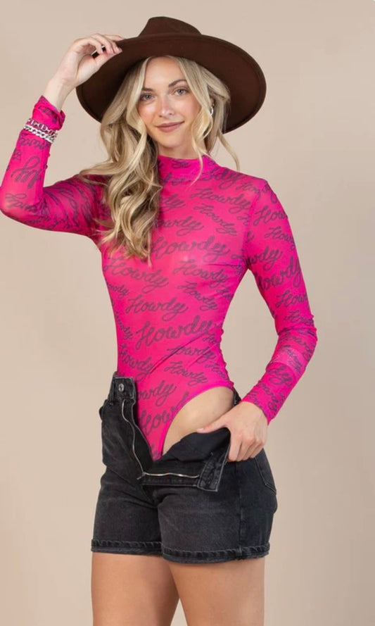 “Howdy”  Hot Pink Mesh Bodysuit