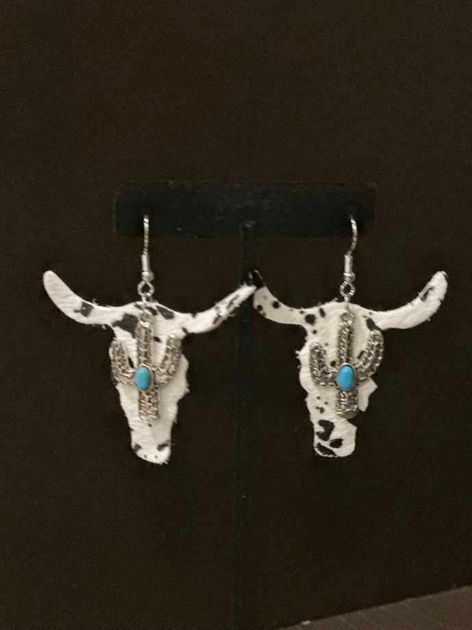 Cowhide Steer Head Earrings with Cactus Charm