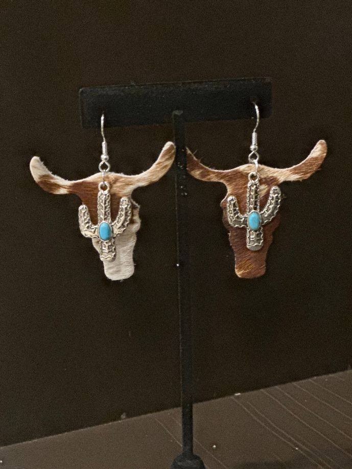 Cowhide Steer Head Earrings with Cactus Charm