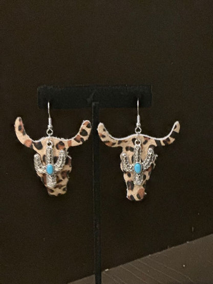 Cowhide Steer Head Earrings with Cactus Charm