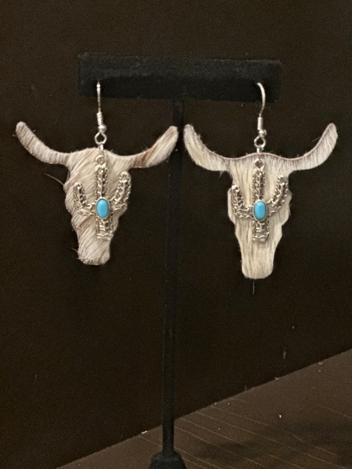 Cowhide Steer Head Earrings with Cactus Charm