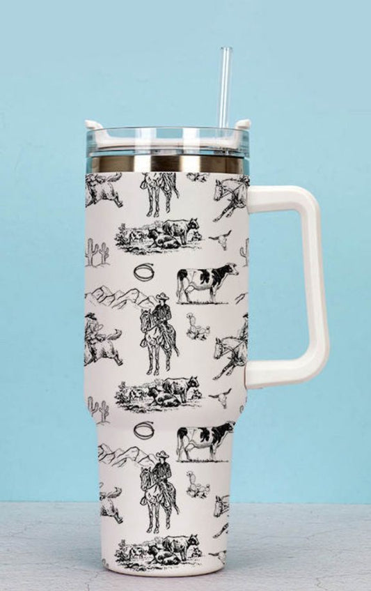 40 oz. Stainless Tumbler in Black and White Cowboy Print