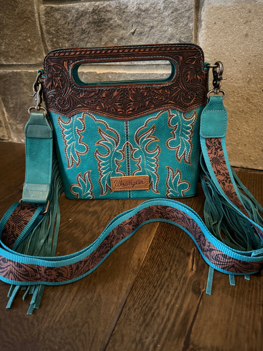 Wrangler Boot Stitched Crossbody Purse in Turquoise