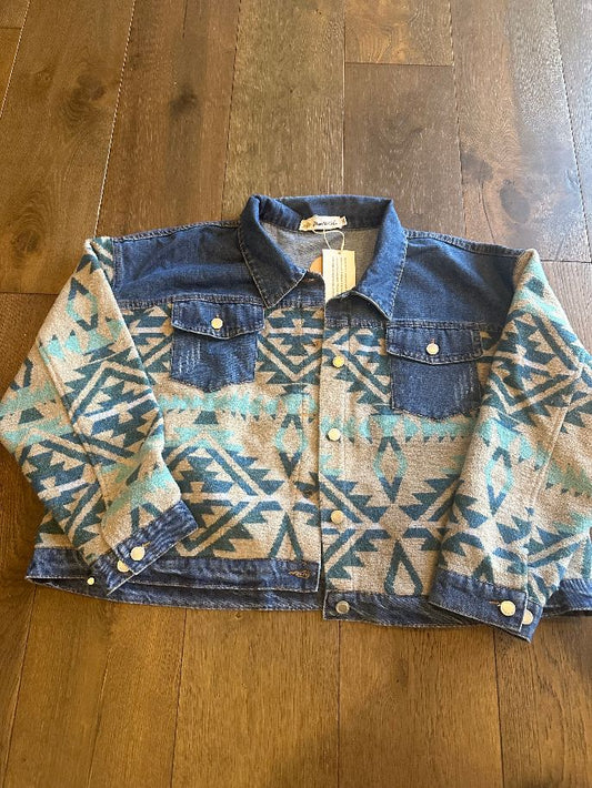 Denim Jacket with Aztec Pattern Accents