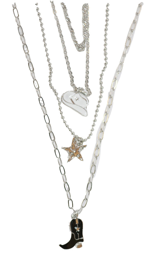 Silver Chain Layered Necklace with White Cowboy Hat, Star and Black Cowboy Boot