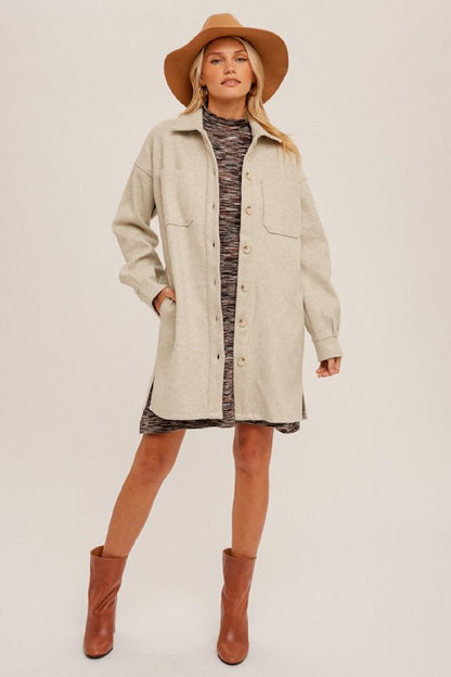 Long,Ecru Shacket Coat w/ Plaid Accents