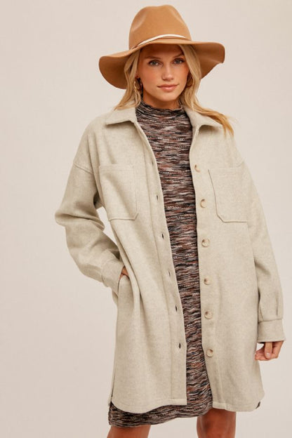 Long,Ecru Shacket Coat w/ Plaid Accents