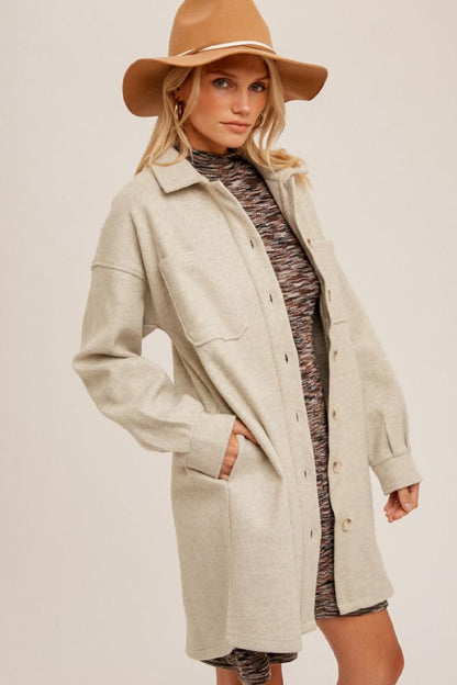 Long,Ecru Shacket Coat w/ Plaid Accents