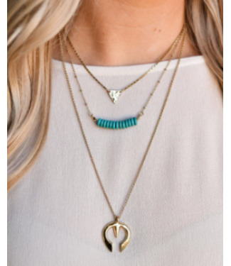 West & Co. Burnished Gold 3 Tier Necklace with Triangle, Turquoise Beads & Naja