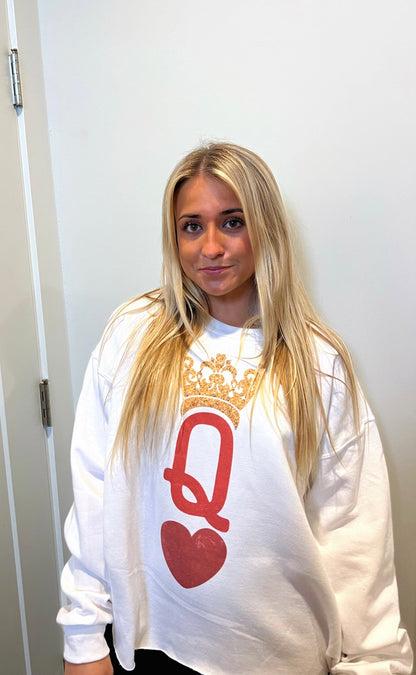 "Queen of Hearts" Oversized, Cut-off Sweatshirt with Rhinestones
