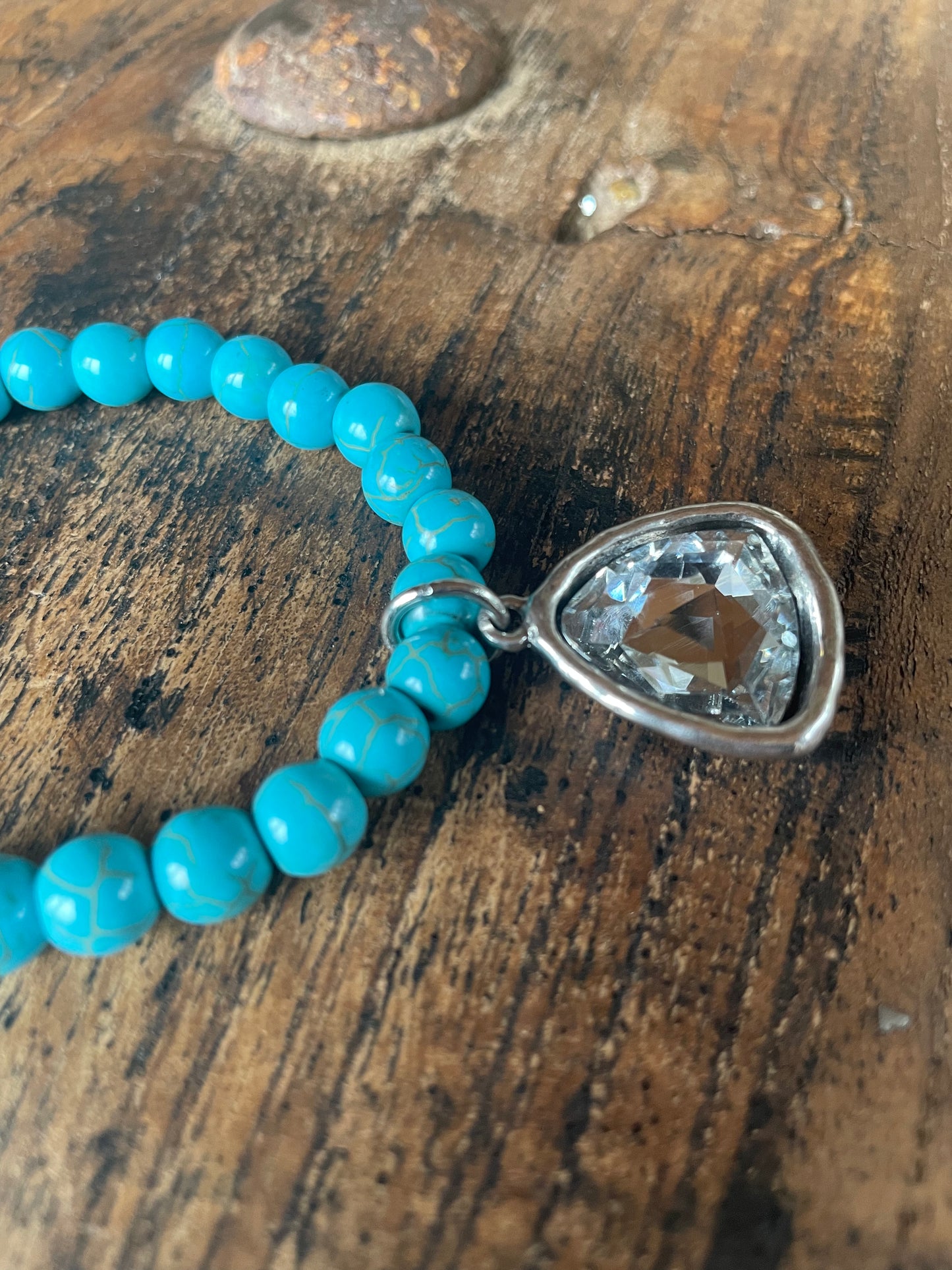 Turquoise Bead Bracelet with silver crystal charm