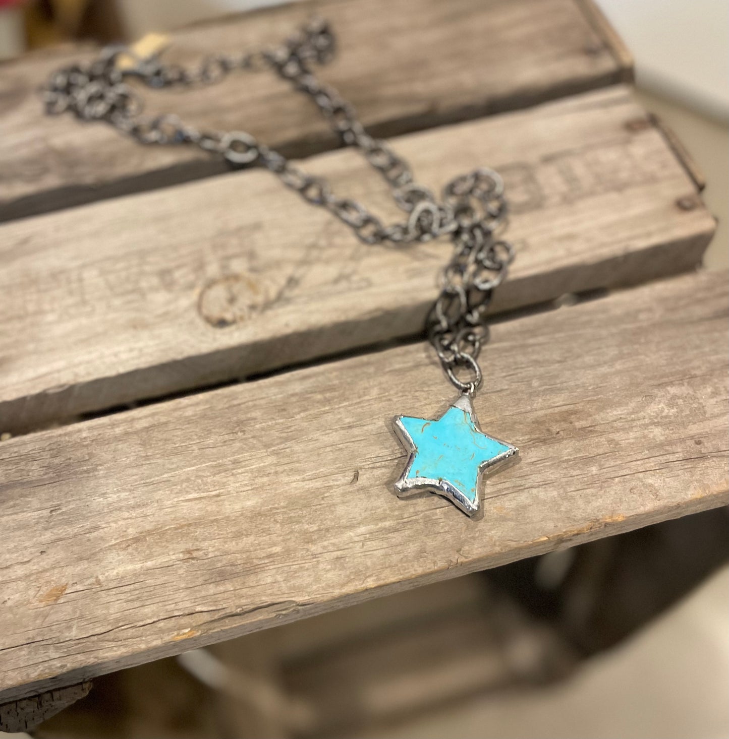 Turquoise Blue Star Necklace with silver edges