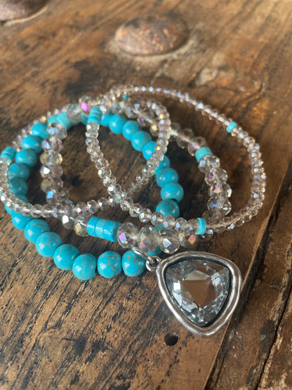 Turquoise Bead Bracelet with silver crystal charm