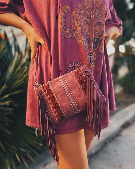 "Lawless" Fringe Clutch and/or Crossbody Purse in Berry Color