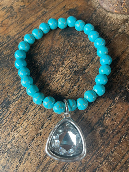 Turquoise Bead Bracelet with silver crystal charm