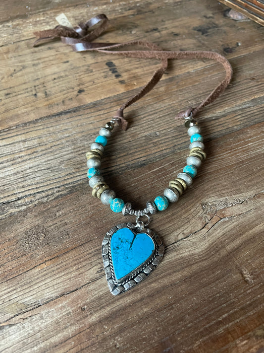Turquoise blue and silver Heart necklace with leather band