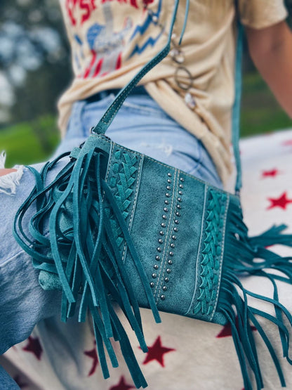 "Lawless" Fringe Clutch and/or Crossbody Purse in Teal Color