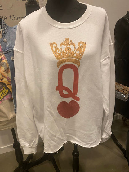 "Queen of Hearts" Oversized, Cut-off Sweatshirt with Rhinestones
