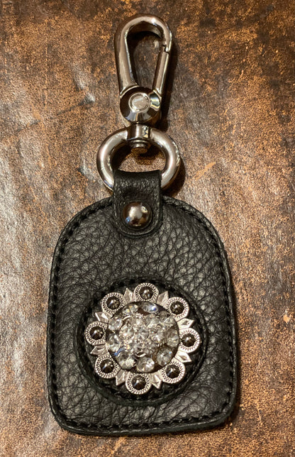"Happy Trails" Real Leather Concho with Crystals Key Chain ~ Black