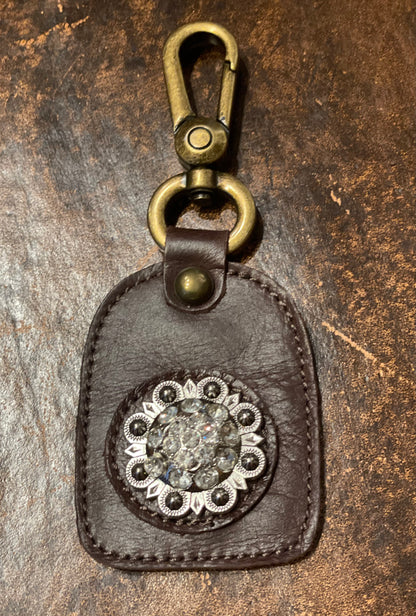 "Happy Trails" Real Leather Concho with Crystals Key Chain ~ Coffee