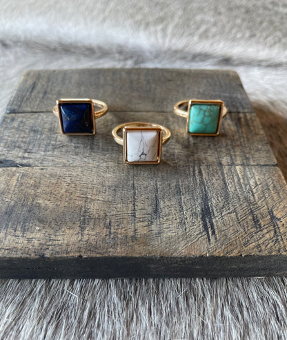 "Indie" Rings,  1/2" Square Stone, White, Turquoise and Navy