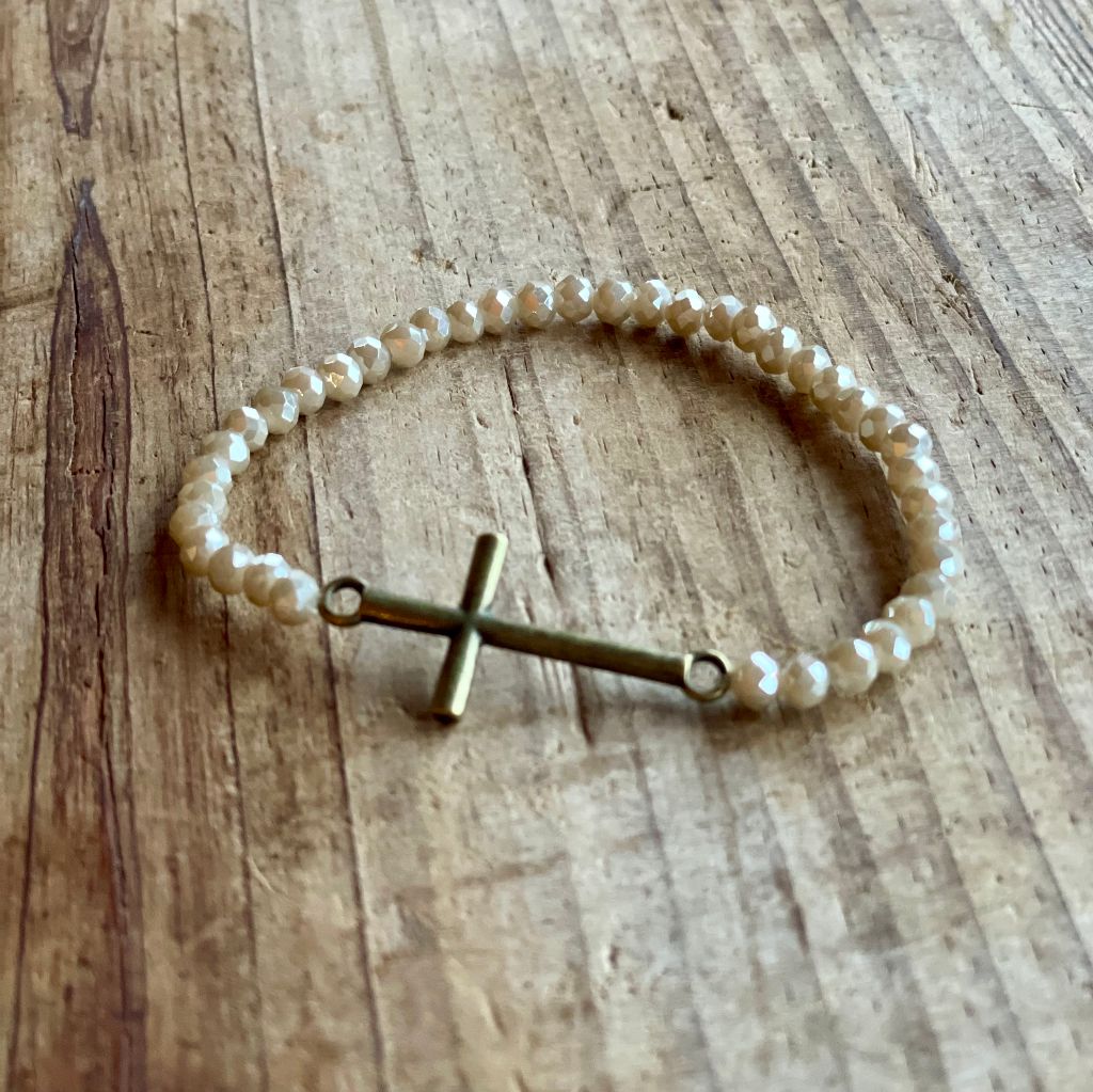 "Patricia" Off White Colored Beaded Bracelet with Antiqued Cross