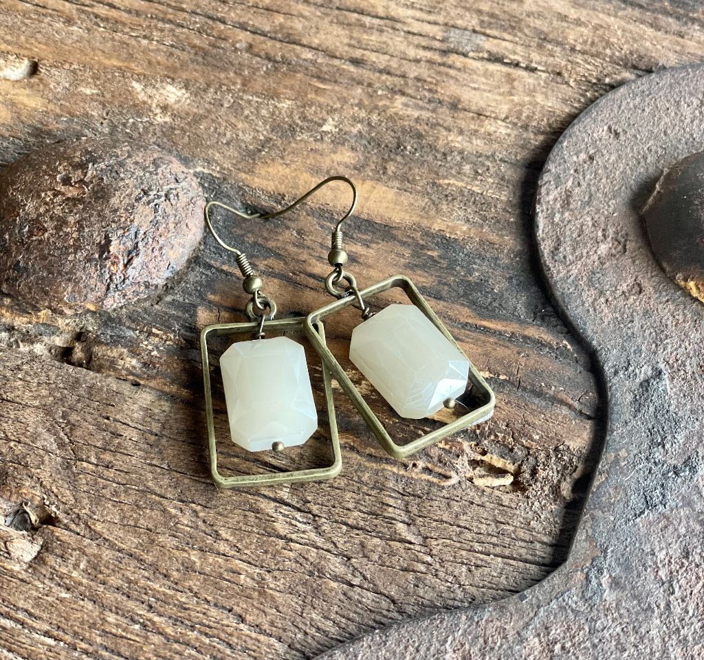 "Sundown" Rectangular Antiqued Metal Dropped Earrings with Off White Crystal Center