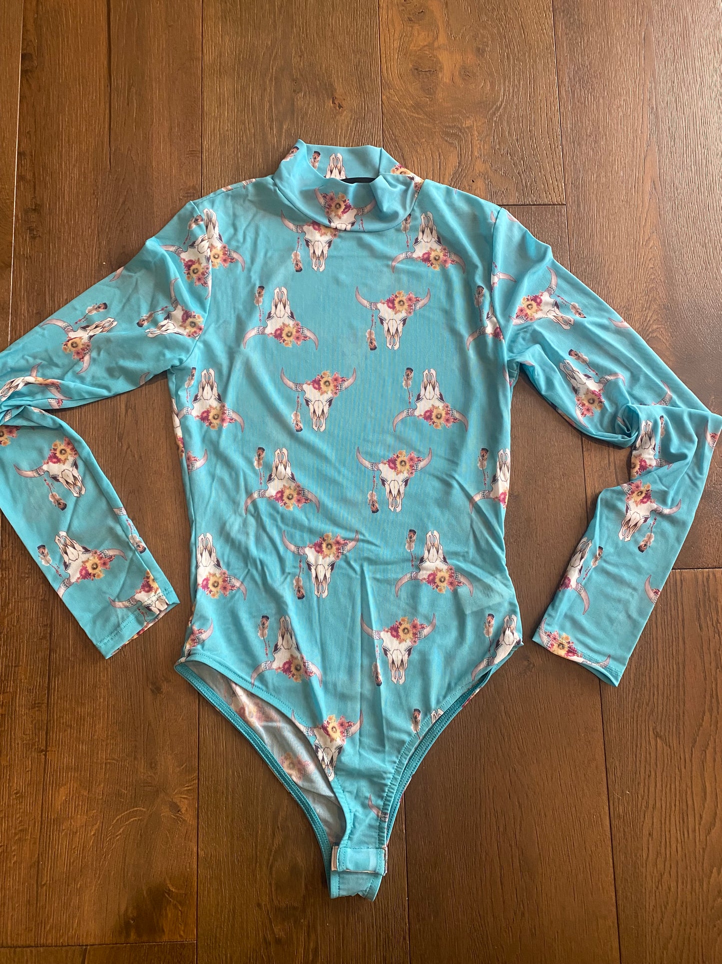 Mesh, Turquoise Cow Print Bodysuit