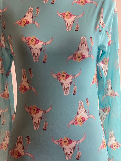 Mesh, Turquoise Cow Print Bodysuit