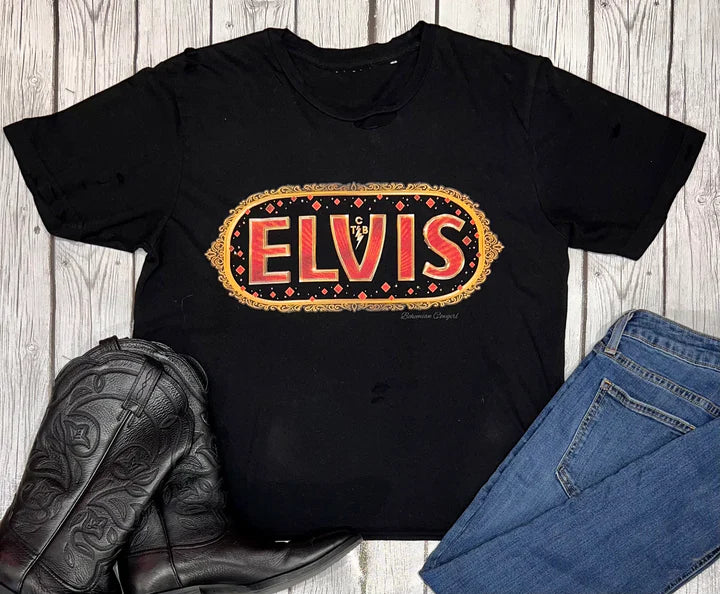 Elvis  Distressed T-Shirt with Rhinestones