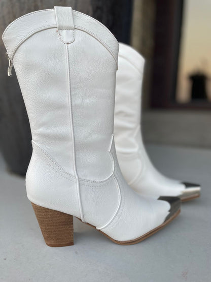 "Silver"  Mid Calf White Cowboy Boots with Silver Tip