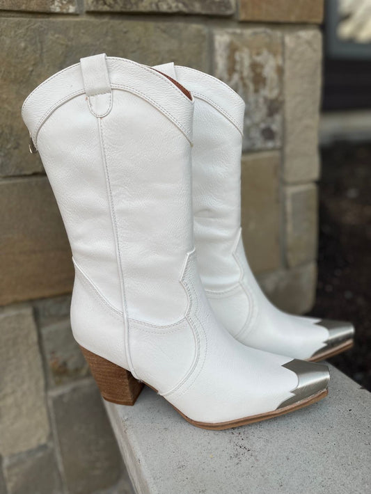 "Silver"  Mid Calf White Cowboy Boots with Silver Tip