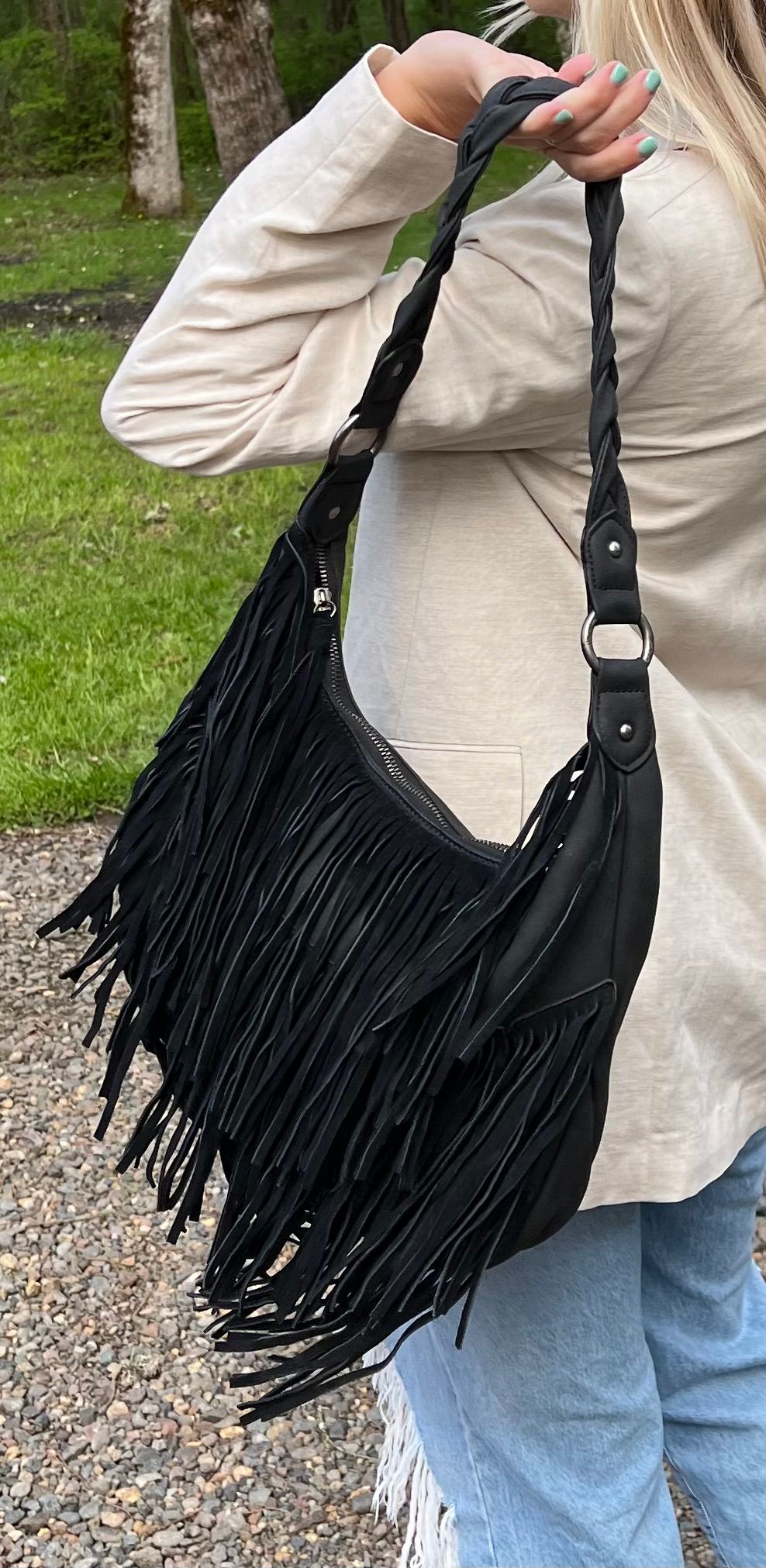 Bedazzled Fringe Leather Boho Bag