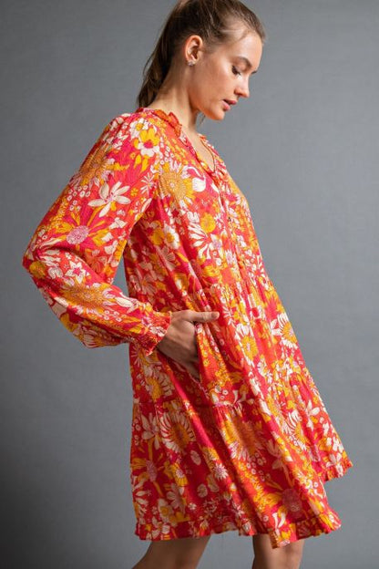 Orange & Coral Printed Rayon Challie Dress