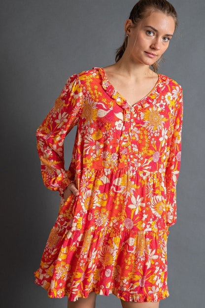 Orange & Coral Printed Rayon Challie Dress